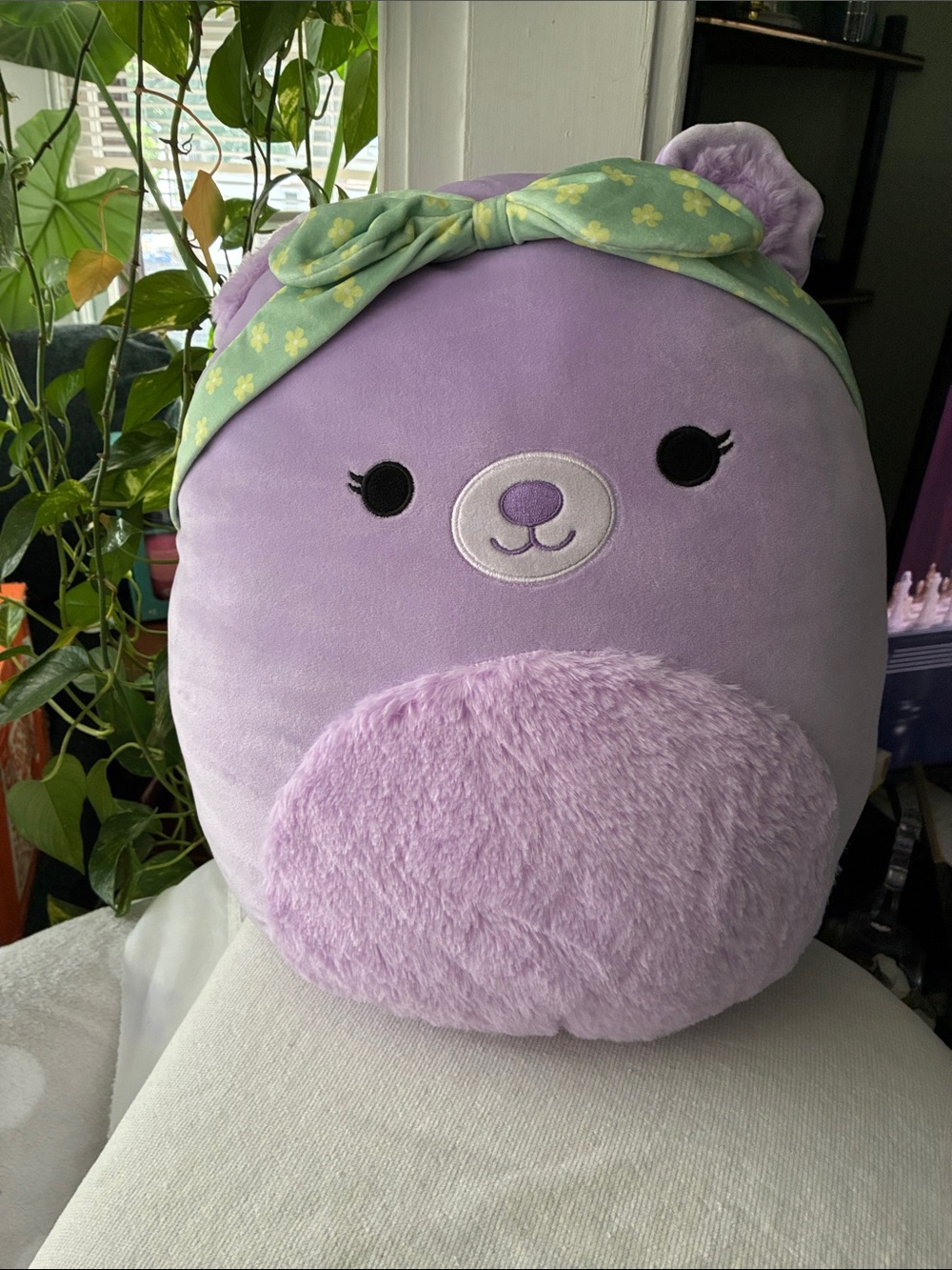 Squishmallows Lavender Plush Bear Headband with Green Bow